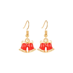 Detail of festive red and gold Christmas bell earrings with shiny enamel finish