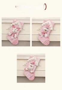Detailed view of pink sequined Christmas stockings with 3D reindeer, snowman and Santa
