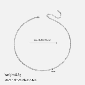 Detailed view of 3mm silver stainless steel Cuban chain necklace with dimensions and weight