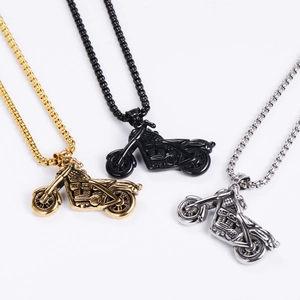 Three hip hop motorcycle pendant necklaces in gold, silver and black finishes