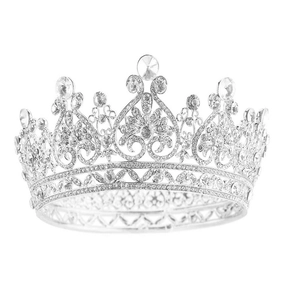 Elegant silver bridal crown with intricate baroque heart patterns and clear rhinestones