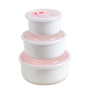 Set of three white ceramic food storage bowls with airtight lids and red steam vents