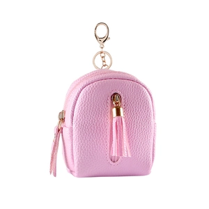 Pink mini backpack coin purse with lychee texture, tassel, and metal keychain hook