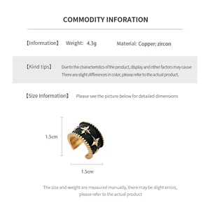 Size chart showing 1.5cm black zircon ear cuff details with weight and copper material specs