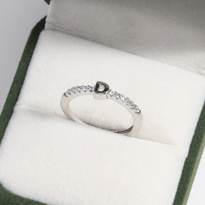 Detail of silver letter D ring with zircon accents in a green velvet jewelry box