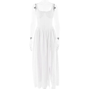 Sexy white backless slit dress with spaghetti straps and corset style bodice