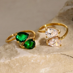 Adjustable gold stainless steel ring set with pear-cut green and clear zircon stones