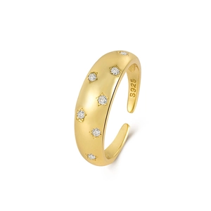 Adjustable S925 sterling silver gold star ring with cubic zirconia for women