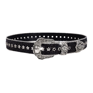 Western black glitter belt with silver star rivets and engraved floral metal buckle