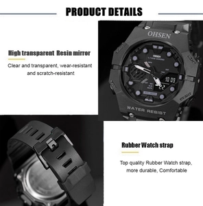 Detail of OHSEN digital watch with resin mirror, rubber strap, and 5BAR water resistance