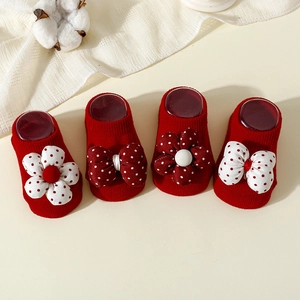 Baby Red Anti-Slip Floor Socks Combed Cotton Knit Bows And Flowers Polka Dot Infant Toddler Christmas New Year