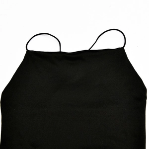 Detail shot of black spaghetti straps and neckline on backless bodycon summer dress