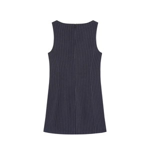 Mini-robe sans manches bleu marine à rayures verticales avec col rond et zip dans le dos