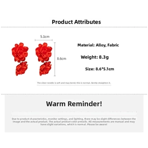 Detailed size and weight chart for red fabric rose pendant earrings with silver needles