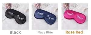 Detailed comparison of silk eye masks in black, navy, and rose red with eyelash prints