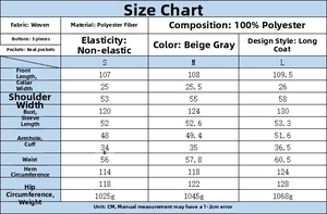 Detailed size guide for women's long faux fur coat with fabric and fit measurements