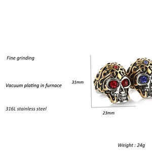 Gothic skull ring for men in 316L stainless steel with red and blue gemstone eyes