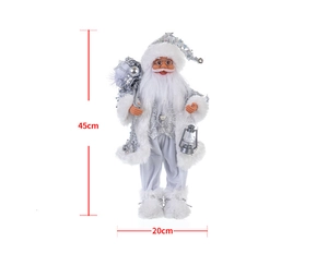 Detail view of silver sequin Santa doll with lantern showing dimensions 45cm x 20cm