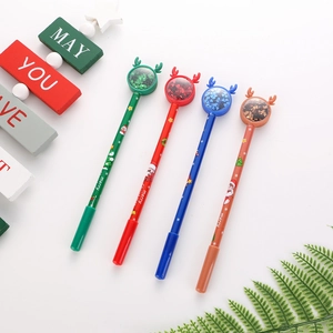 Detailed view of Christmas reindeer pens with glitter liquid balls and festive graphics