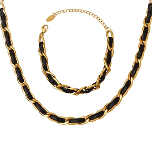 Ensemble bijoux hip hop avec collier et bracelet en cuir tressé noir et chaîne dorée