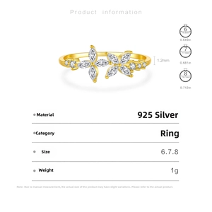 Detailed size chart for 925 sterling silver ring with marquise zircon butterfly design
