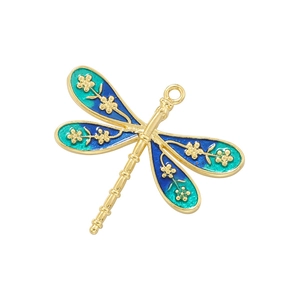 Golden dragonfly pendant with blue-green gradient enamel and fine floral detailing