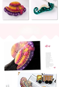 Detail of colorful acetate hair clips in shapes of a sun hat, seahorse, and school bus