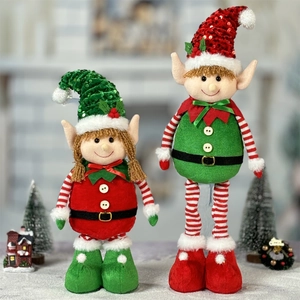 Standing Christmas plush elf dolls with long legs and sequined hats in red and green colors