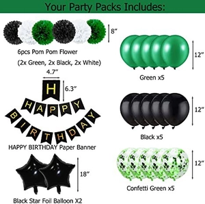 Kit déco fête foot avec ballons vert noir or et éventails en papier pour anniversaire