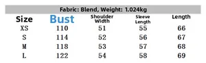 Size chart for stylish double-sided jacket with bust, shoulder, and length measurements