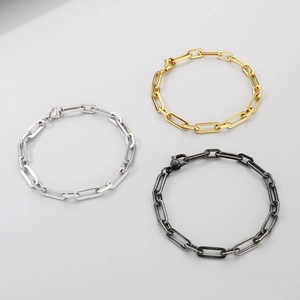 Three square link paperclip bracelets in gold, silver, and black stainless steel finish
