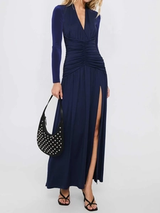 Elegant deep V-neck long sleeve maxi dress in navy blue with high slit for women
