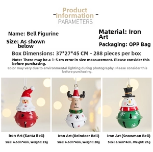 Detailed view of metal Christmas bell ornaments featuring Santa, reindeer, and snowmen