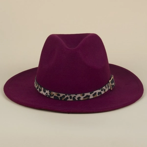 Deep wine red fedora wool hat with leopard print band and golden buckle detail