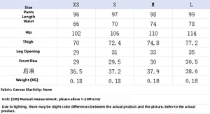Detailed size chart for plaid nylon jacket and lantern pants set in XS to L sizes