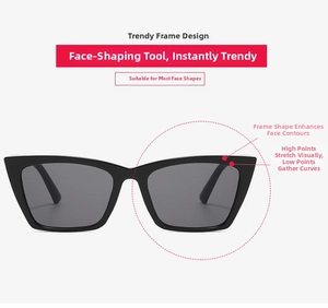 Detail of black cat-eye sunglasses featuring slim frame design for facial contouring