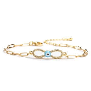 Gold Evil Eye infinity bracelet with sparkling zircons and paperclip chain link