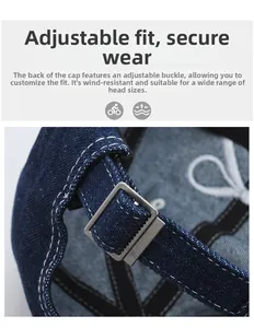 Detail view of denim baseball cap with adjustable metal buckle and contrast stitching