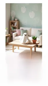Detailweergave van een witte keramische spookfiguur op een miniatuur houten salontafel