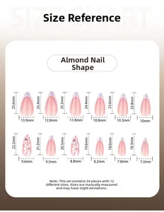 Size chart for almond press-on nails featuring 12 sizes and 24 pieces of floral nail tips
