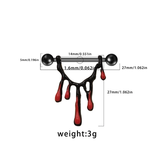 Red teardrop nipple ring piercing jewelry in stainless steel with 14mm bar length
