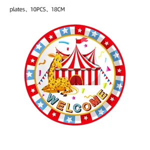 10-piece pack of 18cm circus-themed paper plates with colorful giraffe and tent designs