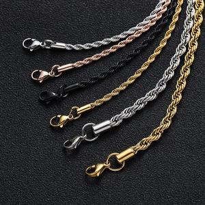 Detail of multi-color 3mm/5mm stainless steel twist chains with lobster clasps