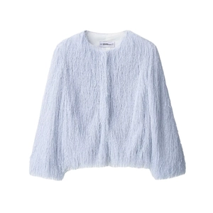 Women Long Sleeve Shaggy Fringe Jacket Round Neck Solid Light Blue Plush Casual Fashion Outerwear Coat