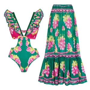 Women deep V neck monokini and maxi skirt set with vintage green grape print