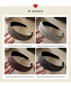 Detail of four fabric headbands in coffee, beige, red, and grey with ribbed texture