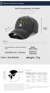 Size chart for washed denim baseball cap with measurements and head circumference guide