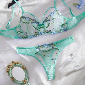Mint Green Mesh See Through Floral Embroidery Underwire Bra And Thong Sexy Breathable Sweet Lingerie Underwear For Women