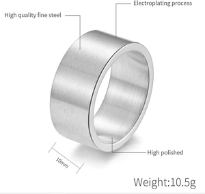 Macro view of 10mm wide matte brushed stainless steel ring with inner high polish