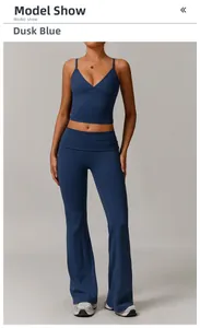 Detail view of twilight blue yoga set featuring a V-neck tank top and flared leggings